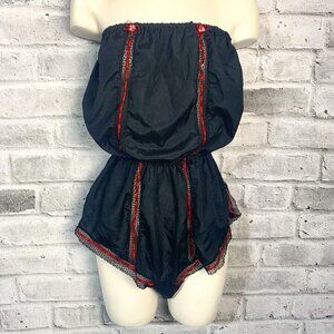 Vintage Danskin Lingerie Teddy Romper Black Satin Strapless Tube Top Bodysuit